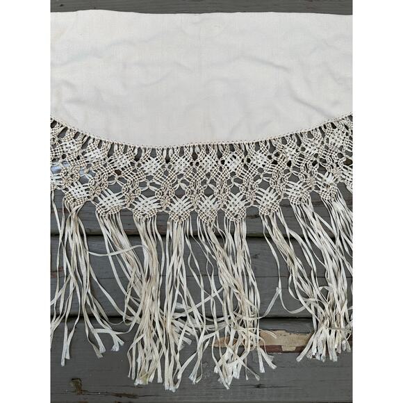 Vintage Piano Shawl Fringe Ivory cream Macrame wool button bohemian 40x29” - Picture 7 of 16